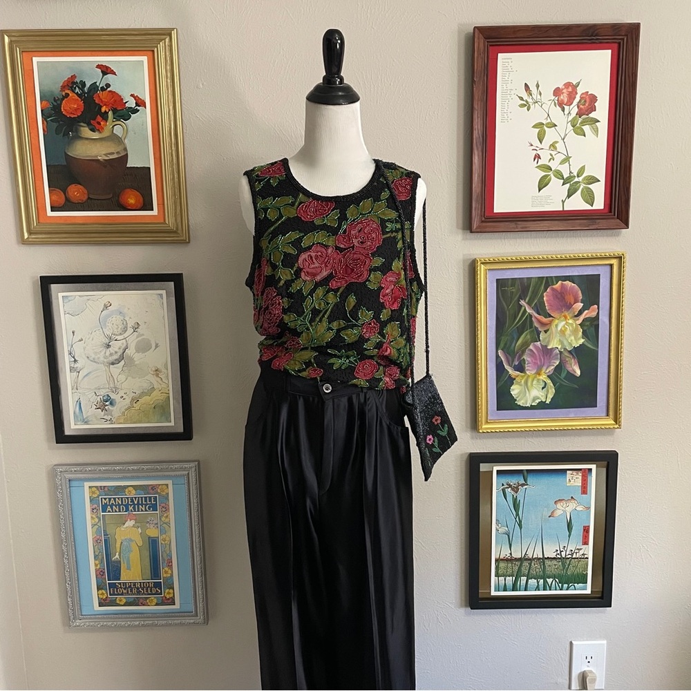 Sleeveless Black Beaded Tank Top with Pink Rose and Green Leaves
